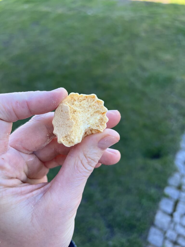 Przekrój keto bezy - chrupiąca skorupka i miękki, gąbczasty środek