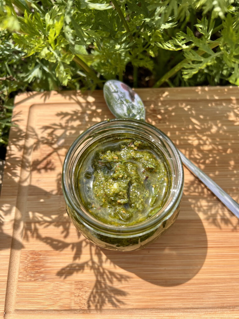 Domowe pesto z liści marchewki, pistacji i parmezanu